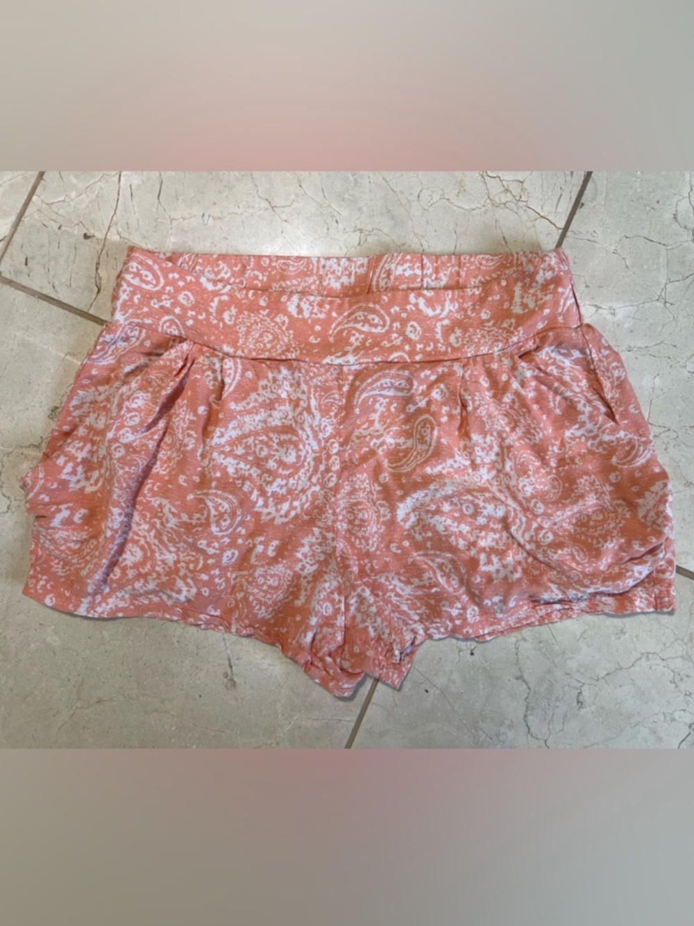 Free People Peach Tea Combo Paisley High Waisted Shorts M Medium Orange Flowy